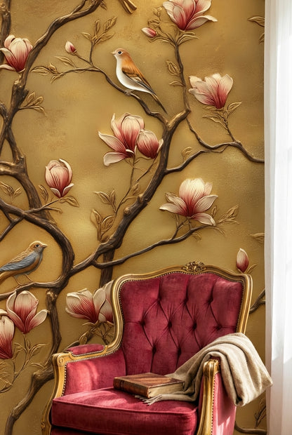 Golden Look Magnolia Branches with Birds Wallpaper