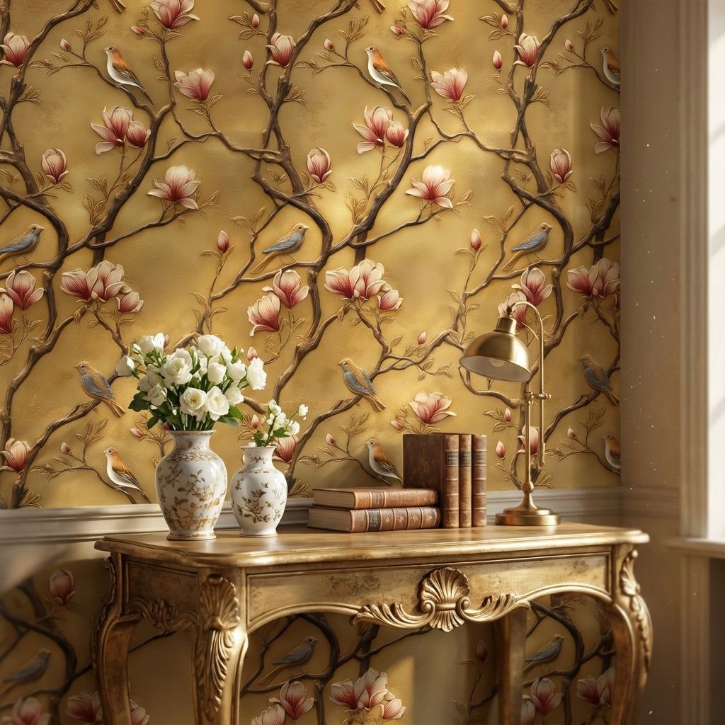 Golden Look Magnolia Branches with Birds Wallpaper