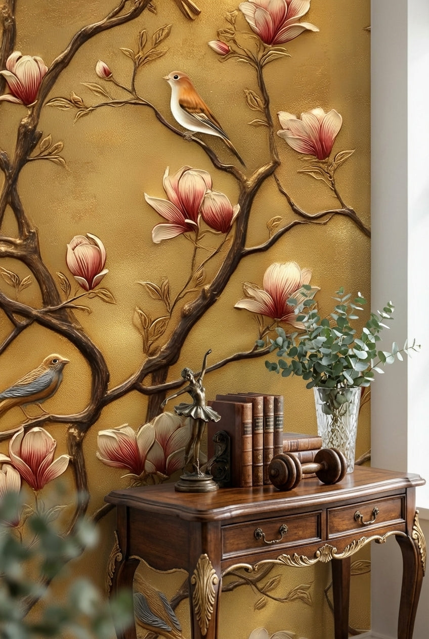 Golden Look Magnolia Branches with Birds Wallpaper