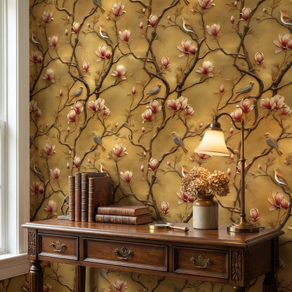 Golden Look Magnolia Branches with Birds Wallpaper