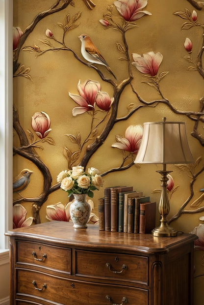 Golden Look Magnolia Branches with Birds Wallpaper