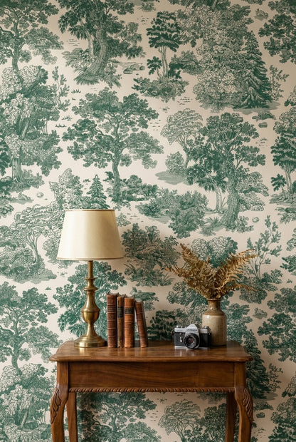 Beige and Green Traditional Botanical Wallpaper
