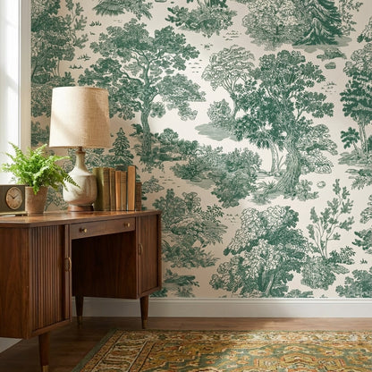 Beige and Green Traditional Botanical Wallpaper