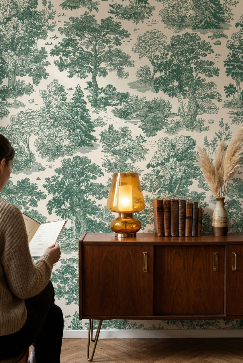 Beige and Green Traditional Botanical Wallpaper