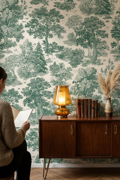 Beige and Green Traditional Botanical Wallpaper