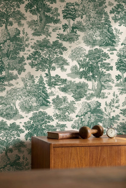 Beige and Green Traditional Botanical Wallpaper