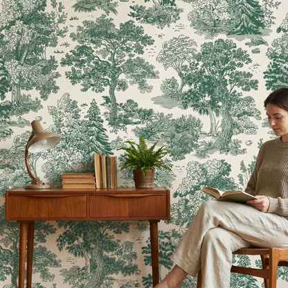 Beige and Green Traditional Botanical Wallpaper