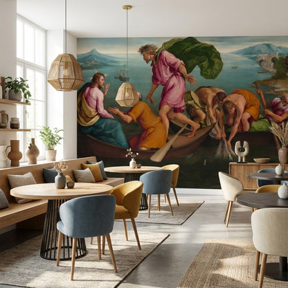 Mediterranean Painting Wallpaper Boats Sea Wall Mural