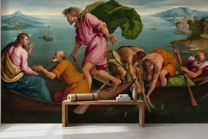 Mediterranean Painting Wallpaper Boats Sea Wall Mural