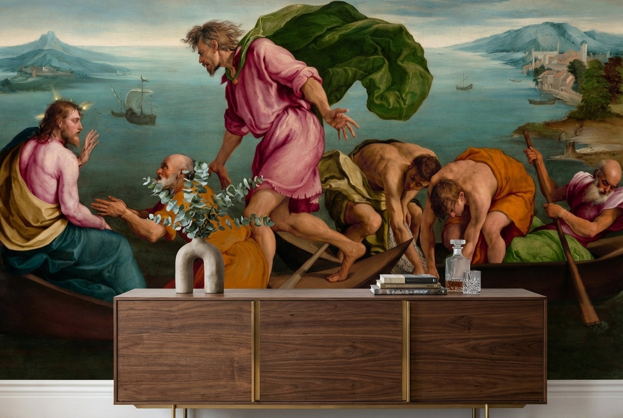 Mediterranean Painting Wallpaper Boats Sea Wall Mural