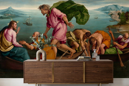 Mediterranean Painting Wallpaper Boats Sea Wall Mural