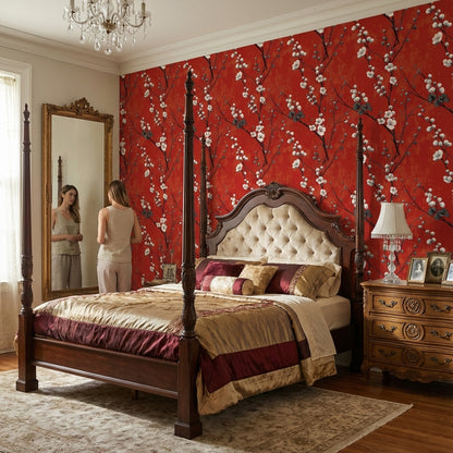 Rich Red Cherry Blossom Floral Wallpaper
