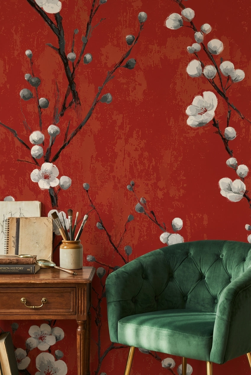 Rich Red Cherry Blossom Floral Wallpaper
