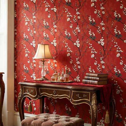 Rich Red Cherry Blossom Floral Wallpaper