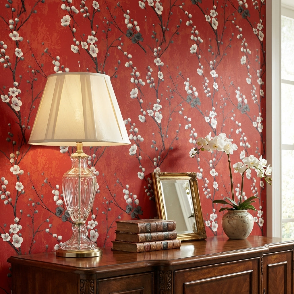 Rich Red Cherry Blossom Floral Wallpaper