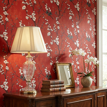 Rich Red Cherry Blossom Floral Wallpaper