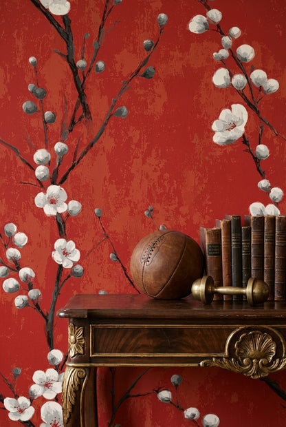 Rich Red Cherry Blossom Floral Wallpaper