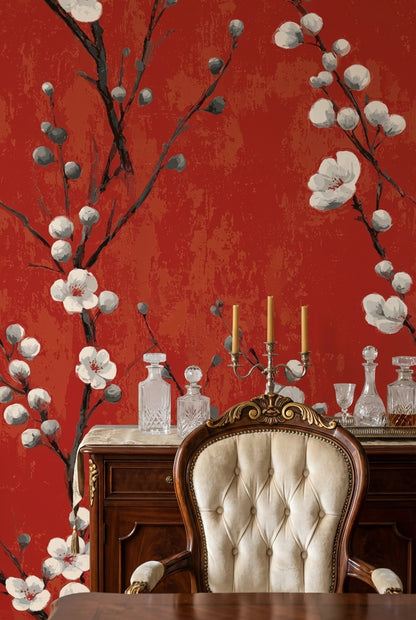 Rich Red Cherry Blossom Floral Wallpaper