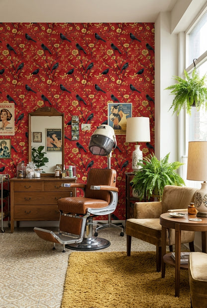 Deep Red Vintage Bird and Floral Wallpaper