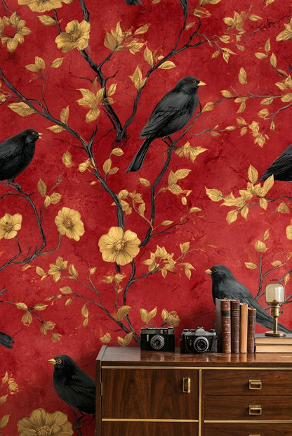 Deep Red Vintage Bird and Floral Wallpaper