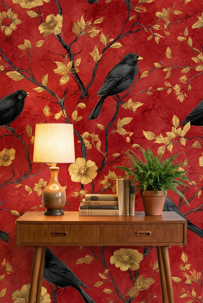 Deep Red Vintage Bird and Floral Wallpaper