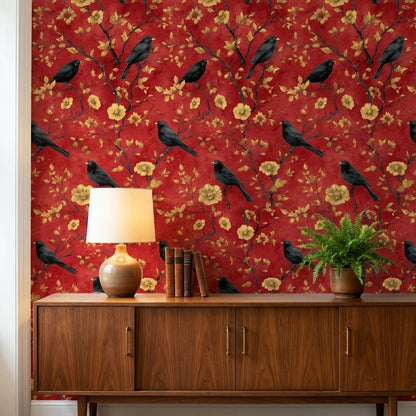 Deep Red Vintage Bird and Floral Wallpaper