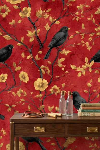 Deep Red Vintage Bird and Floral Wallpaper