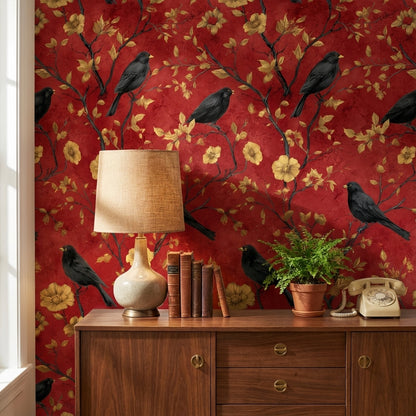 Deep Red Vintage Bird and Floral Wallpaper