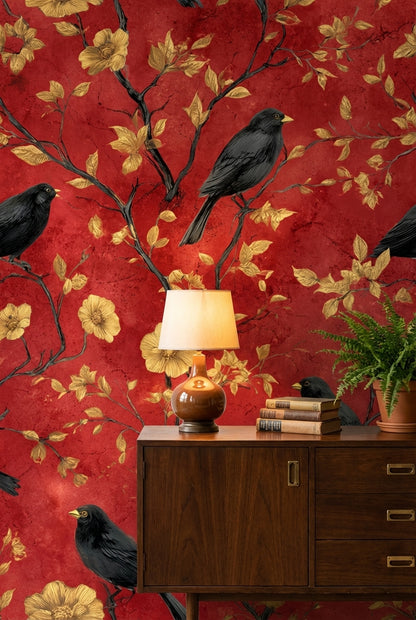 Deep Red Vintage Bird and Floral Wallpaper