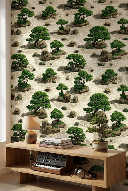 Beige Japanese Zen Garden Botanical Wallpaper