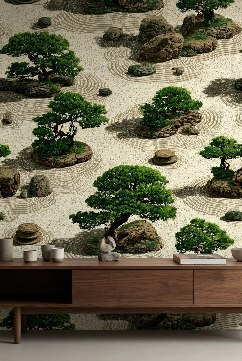 Beige Japanese Zen Garden Botanical Wallpaper