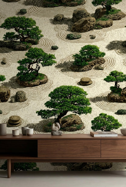 Beige Japanese Zen Garden Botanical Wallpaper