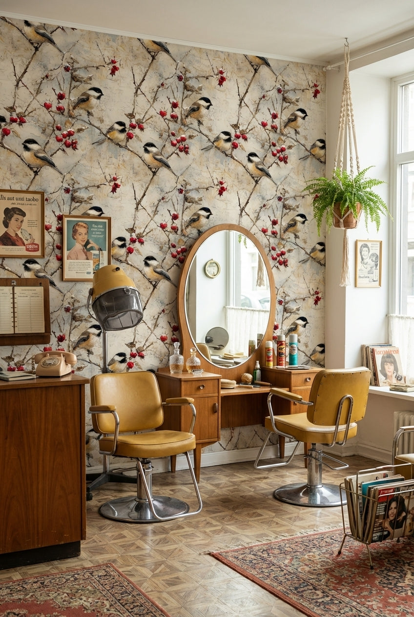Beige Rustic Bird and Berry Wallpaper