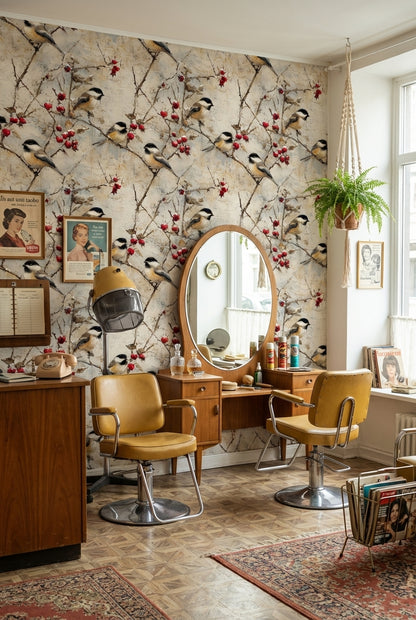 Beige Rustic Bird and Berry Wallpaper