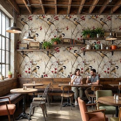 Beige Rustic Bird and Berry Wallpaper