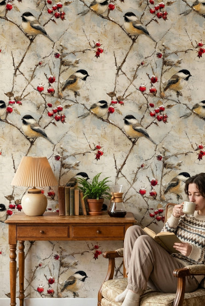 Beige Rustic Bird and Berry Wallpaper