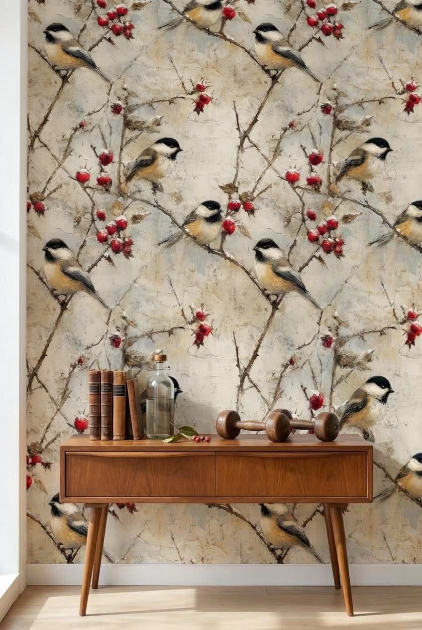 Beige Rustic Bird and Berry Wallpaper