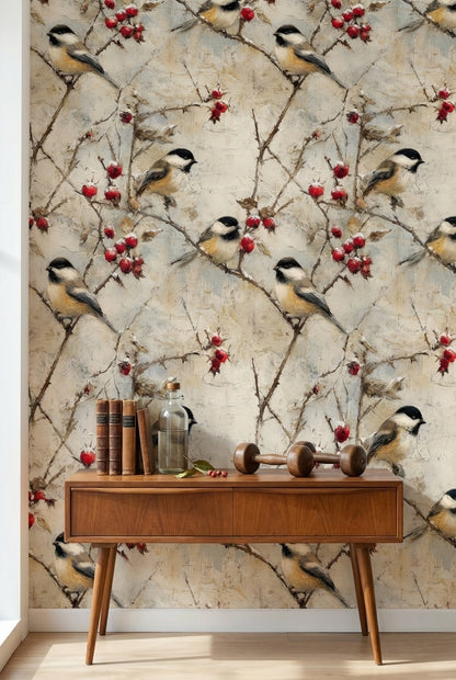 Beige Rustic Bird and Berry Wallpaper