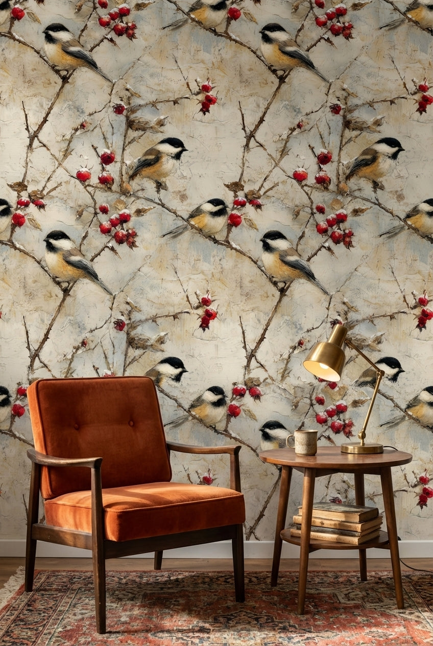 Beige Rustic Bird and Berry Wallpaper