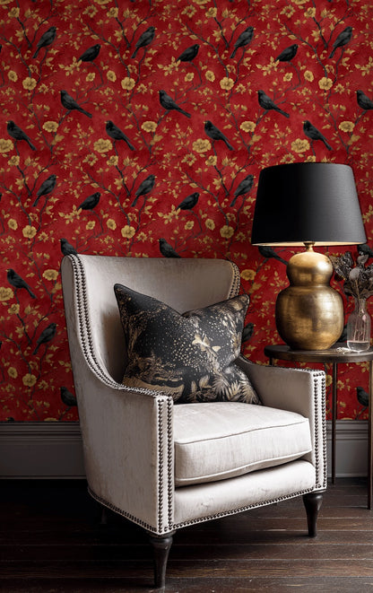 Deep Red Vintage Bird and Floral Wallpaper