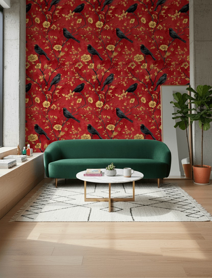 Deep Red Vintage Bird and Floral Wallpaper