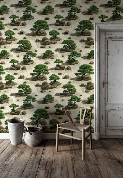Beige Japanese Zen Garden Botanical Wallpaper