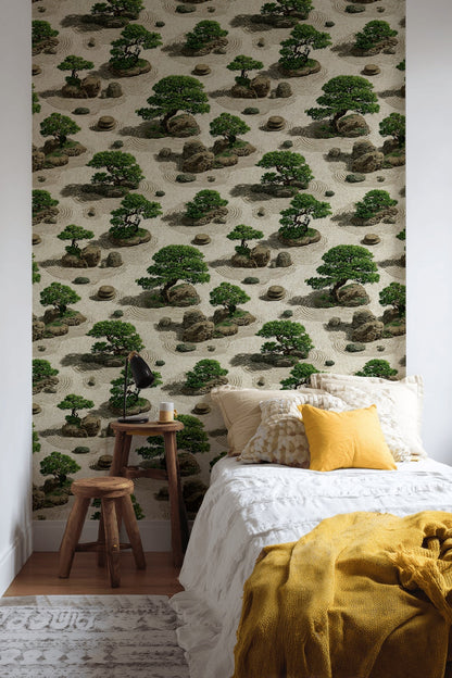 Beige Japanese Zen Garden Botanical Wallpaper