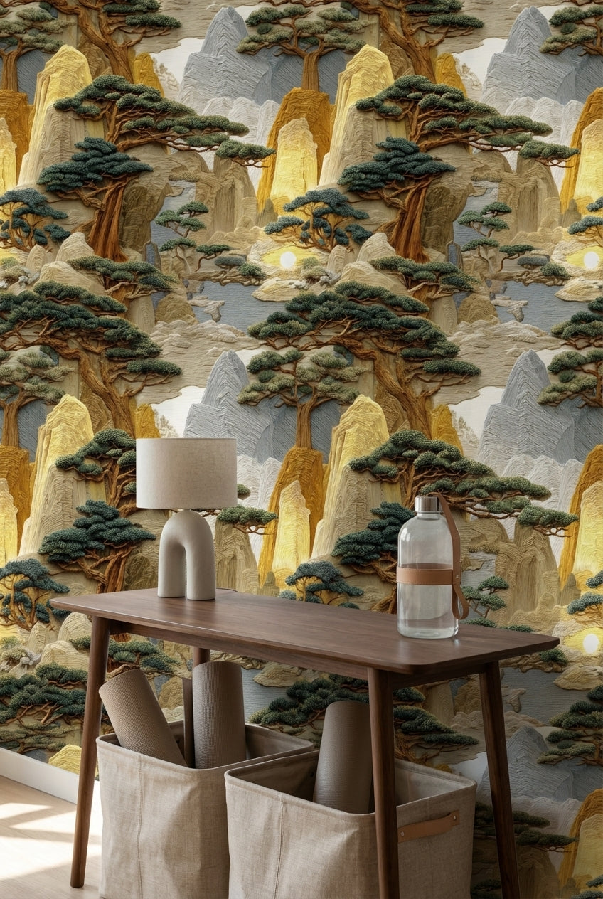 Warm Beige Japanese Mountain Landscape Wallpaper