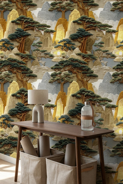 Warm Beige Japanese Mountain Landscape Wallpaper