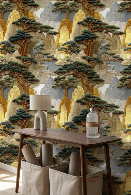 Warm Beige Japanese Mountain Landscape Wallpaper