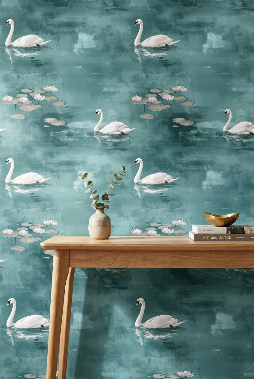 Teal Serenity Swan Lake Scene Wallpaper