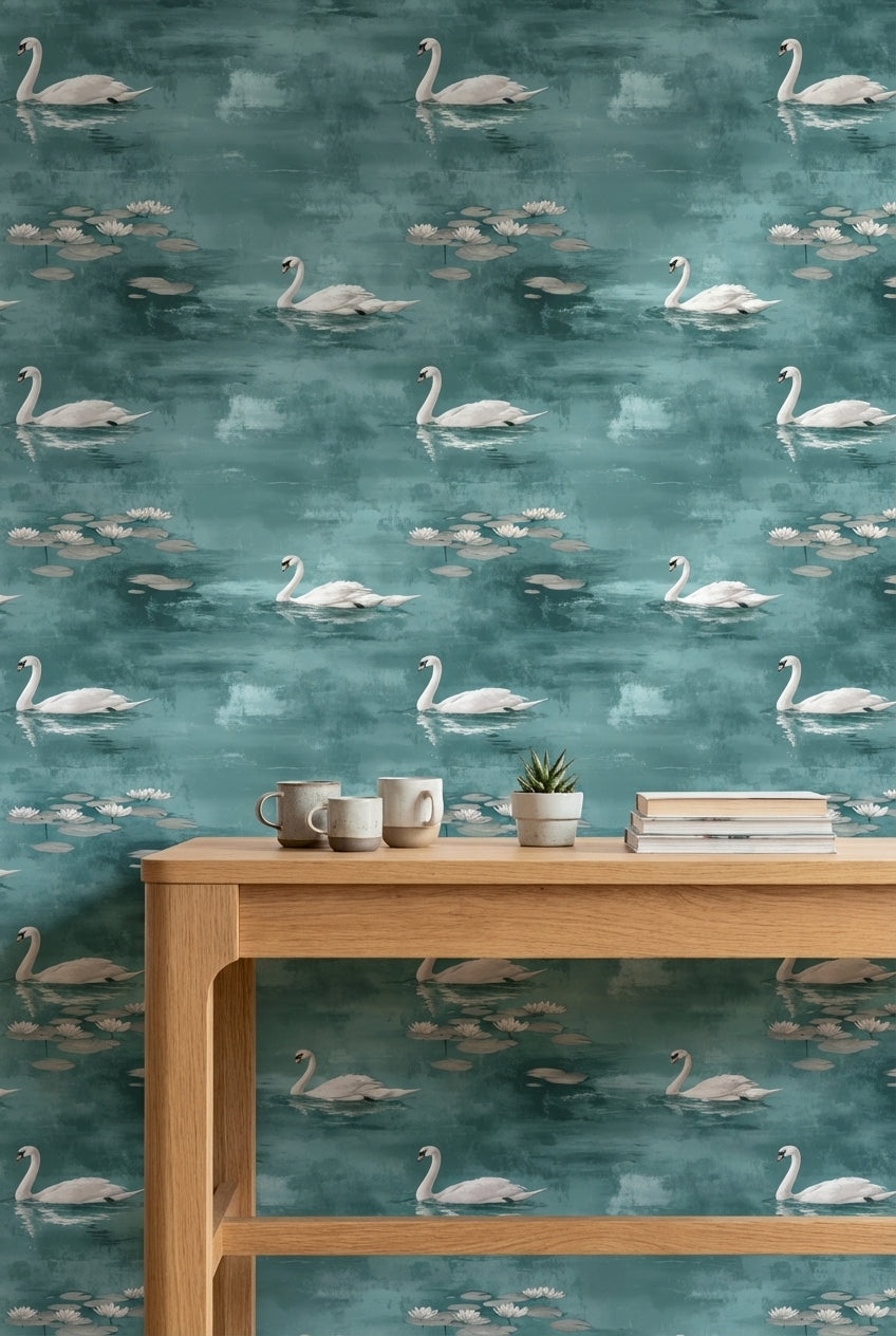 Teal Serenity Swan Lake Scene Wallpaper