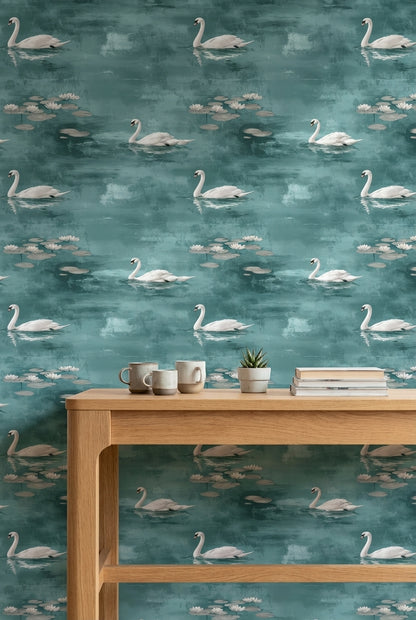 Teal Serenity Swan Lake Scene Wallpaper