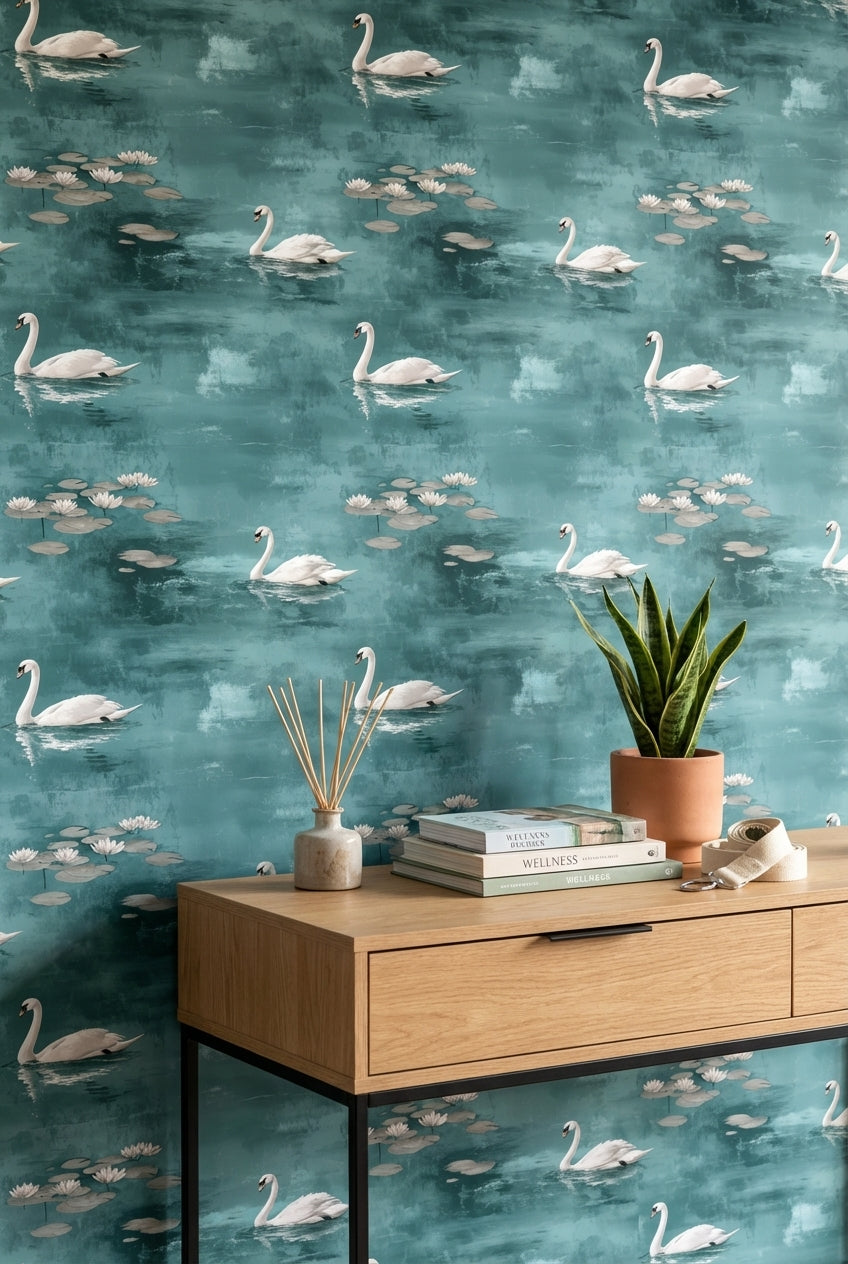 Teal Serenity Swan Lake Scene Wallpaper